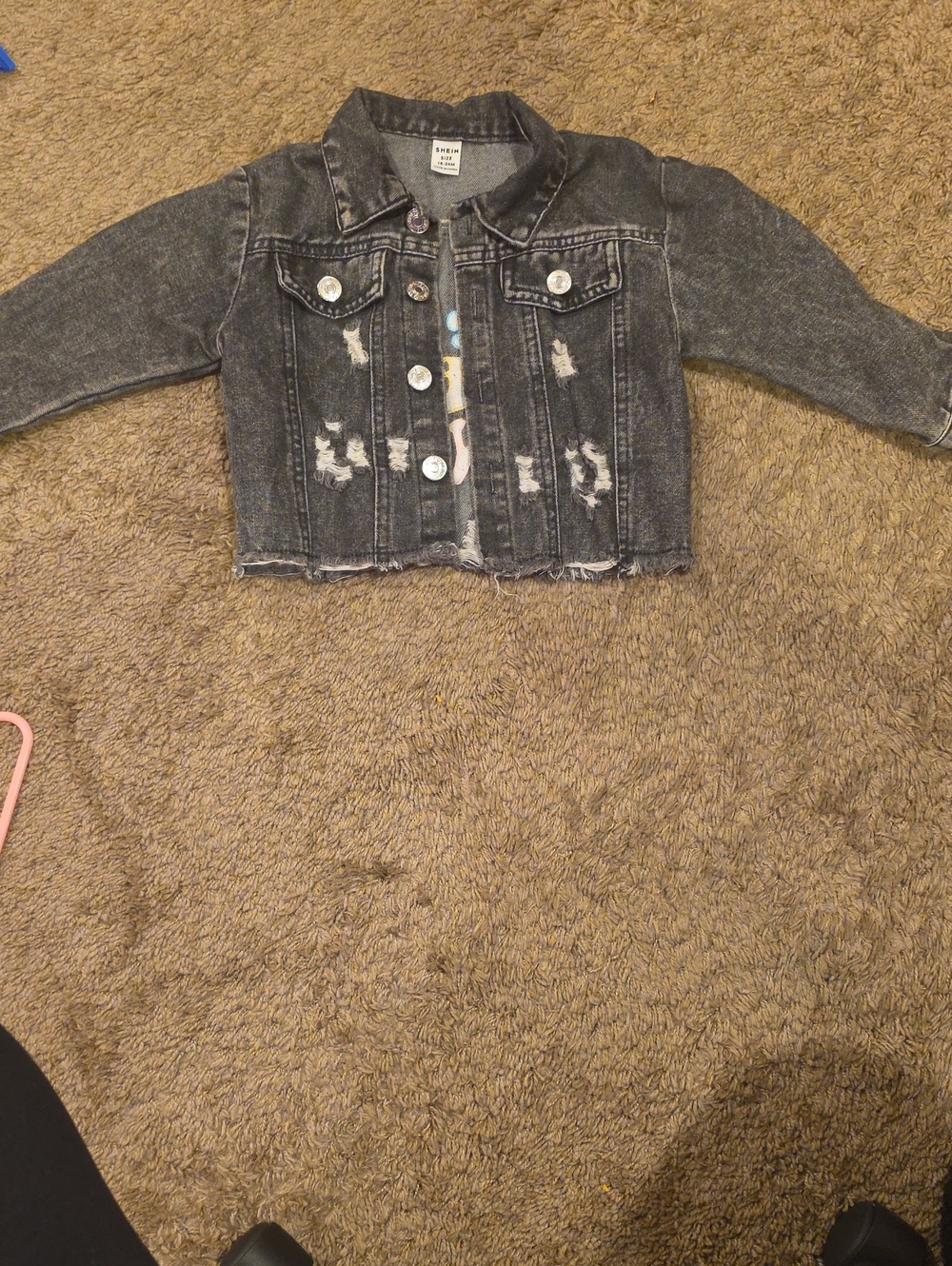 SHEIN Black Distressed Cropped Jean Jacket for Kids